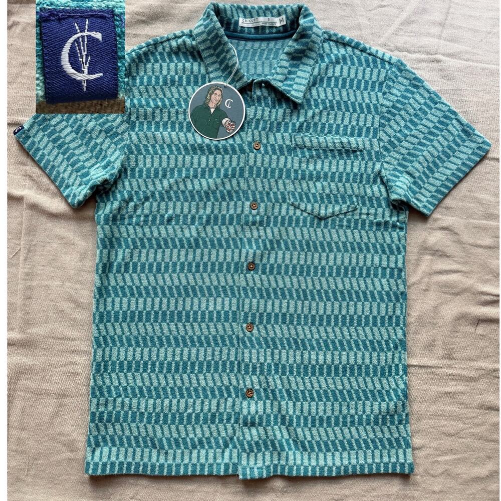 NWT Criquet Terrycloth Players Shirt Men's S Check Jacquard Teal Blue Resortwear